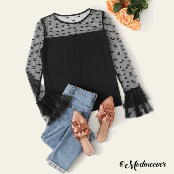 Mod Me Over Tops - NEW Black Bell Cuff Dot Mesh Flirty Girly Tee